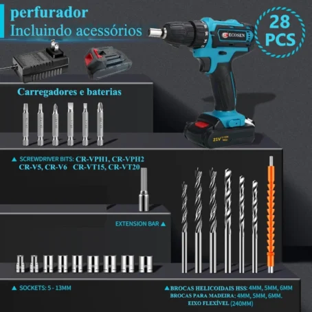 Parafusadeira/Furadeira 21V C/ Kit Maleta COM DUAS BATERIAS Kit de 28pcs - Imagem 2