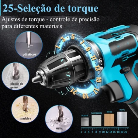 Parafusadeira/Furadeira 21V C/ Kit Maleta COM DUAS BATERIAS Kit de 28pcs - Imagem 4